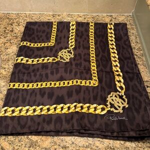 Roberto Cavalli Brown Leopard with Gold Chains Silk Scarf